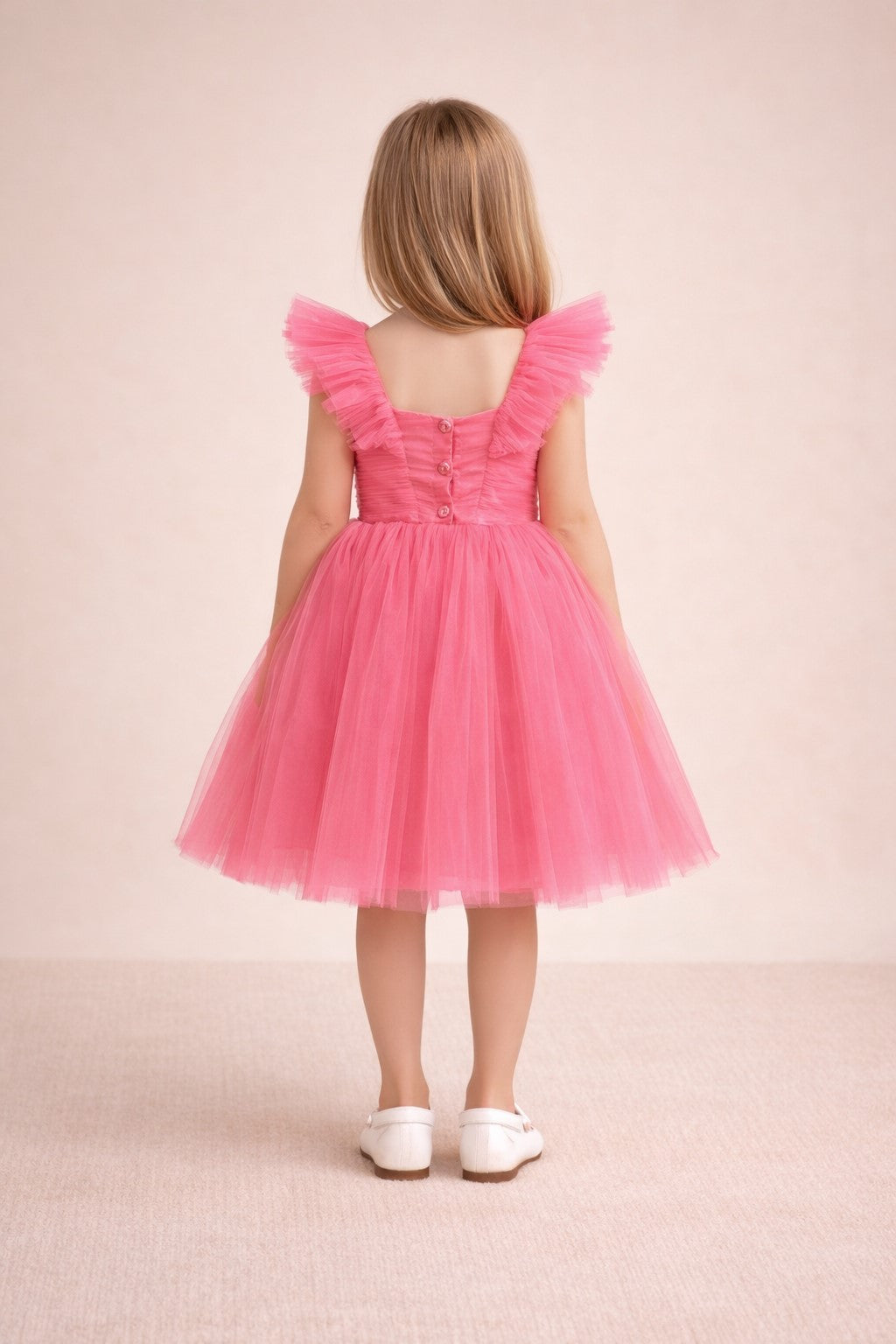 Piccolo Girls V-Neck Pleated Net Fit & Flare Dress -Peach