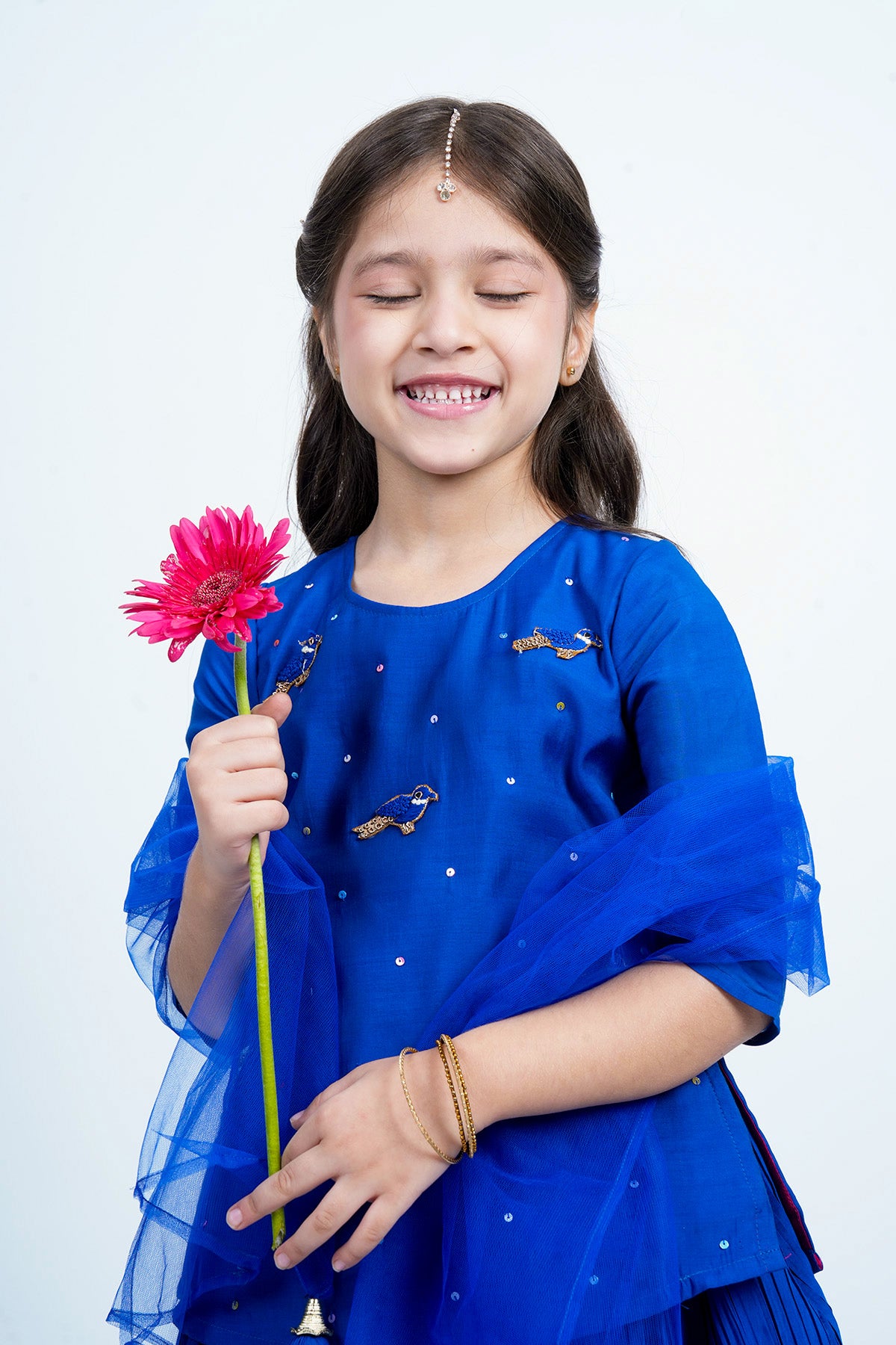 Piccolo Embellished Top, Pleated Lehenga & Net Dupatta Set-Royal Blue