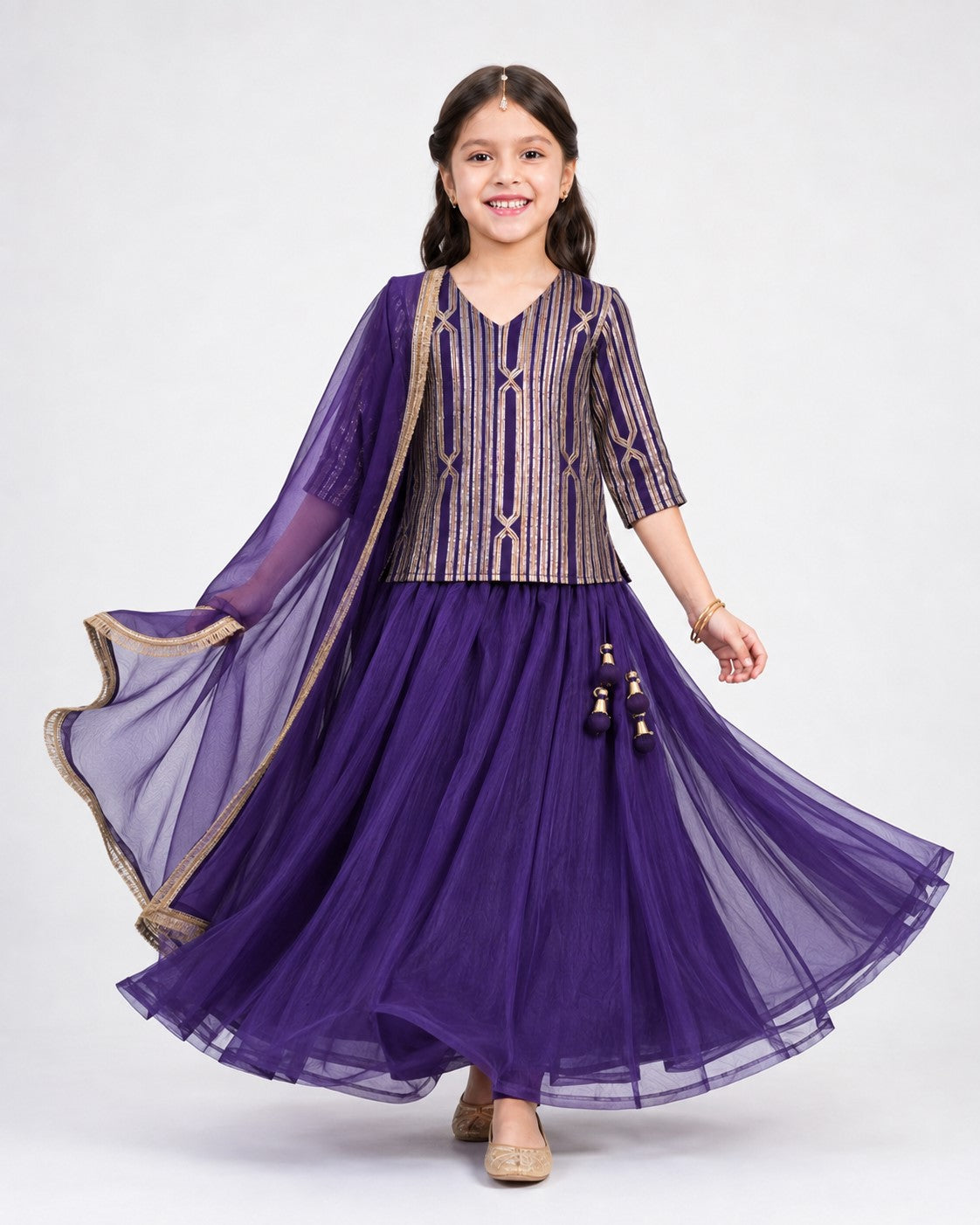 Piccolo Gota Stripe Short Kurta, Organza Lehenga & Dupatta Set-Purple