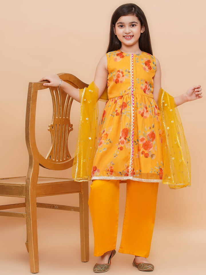 Girls Yellow Floral Organza Kurta And Palazzo Set With Dupatta