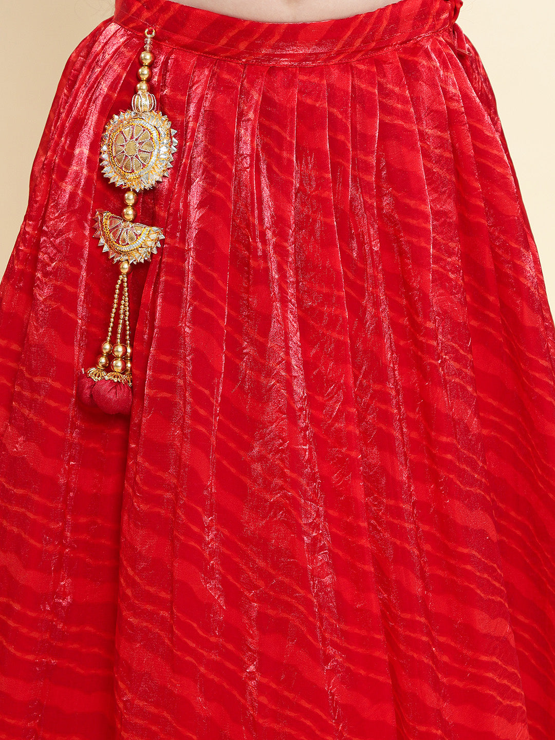 PICCOLO- Tissue Leheriya Printed Lehenga Choli with Embellished Net Dupatta-Red