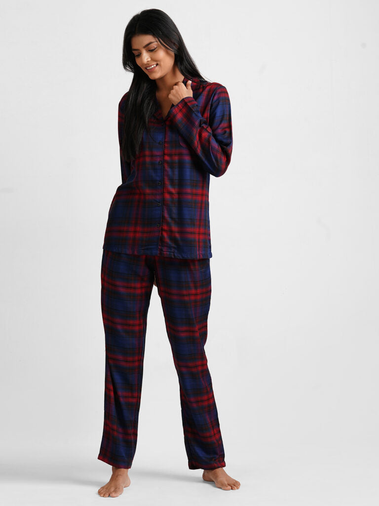 Women Red &amp; Blue Checked Night suit
