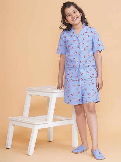 Girls Printed Blue Shirt and Shorts Night Suit With Slip Ons