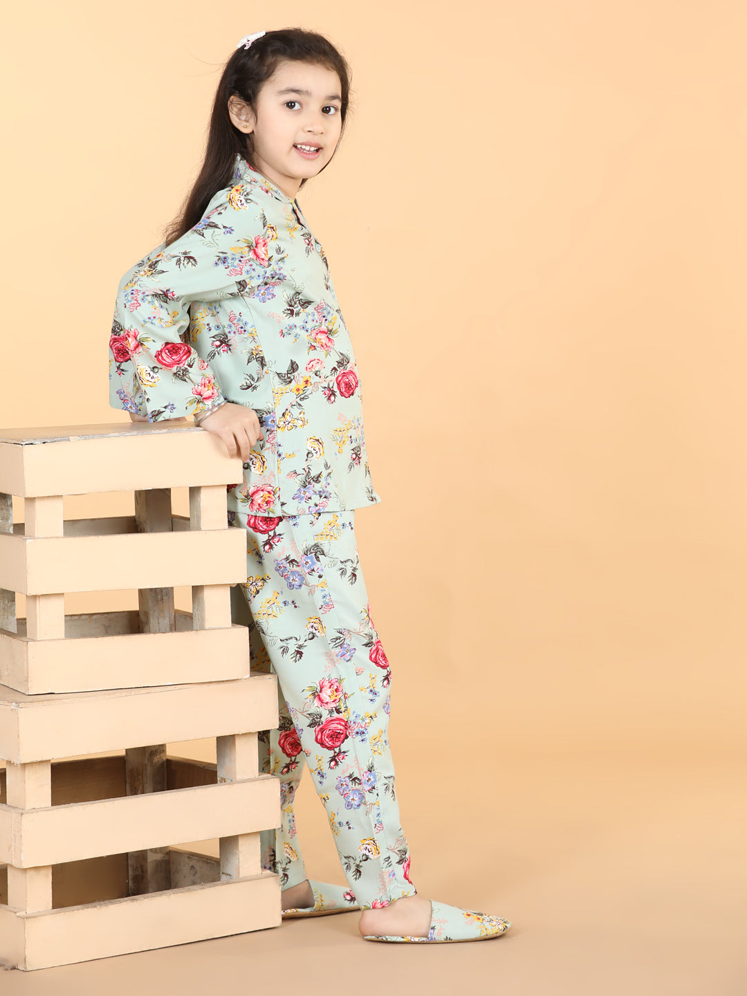 Girls Mint Green Rayon Floral Pyjama Set With Slip Ons