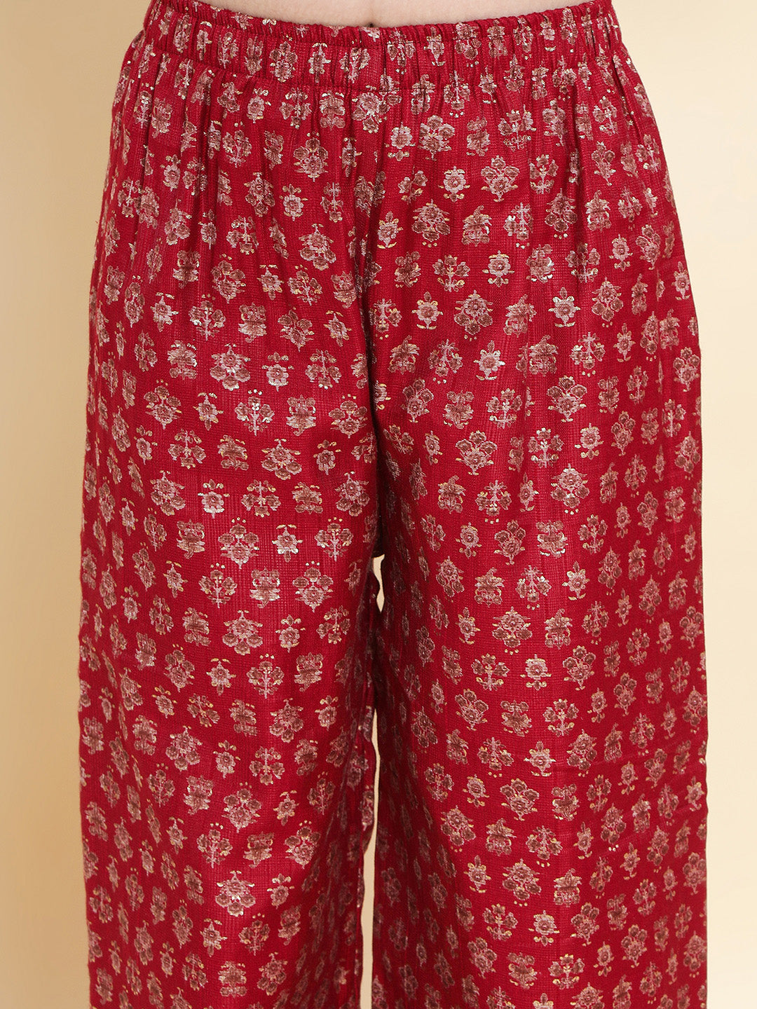 PICCOLO  Printed Kurti & Palazzo with Dupatta-Maroon