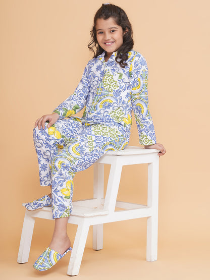 Girls Floral Shirt And Pyjamas Set With Flip Flops