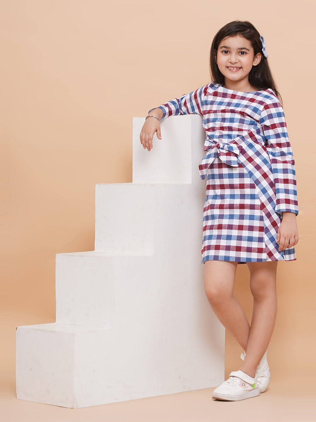 Plaid Dress with Waist Front Tie-Multi