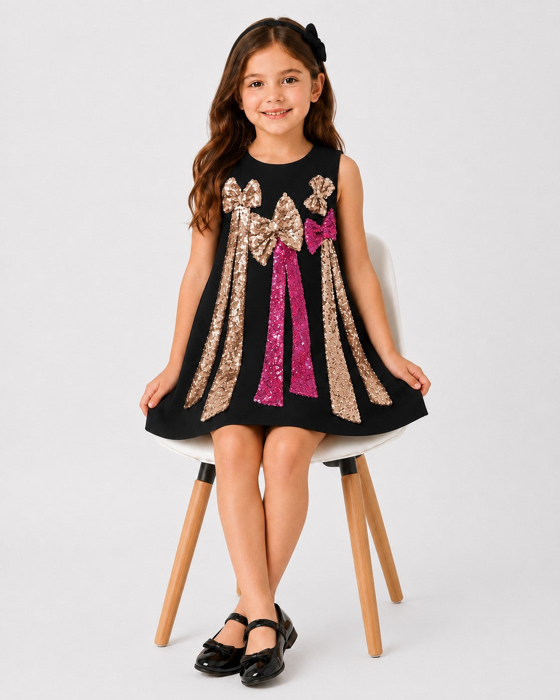 Piccolo Girls Black Sequin Bow A-Line Party Dress