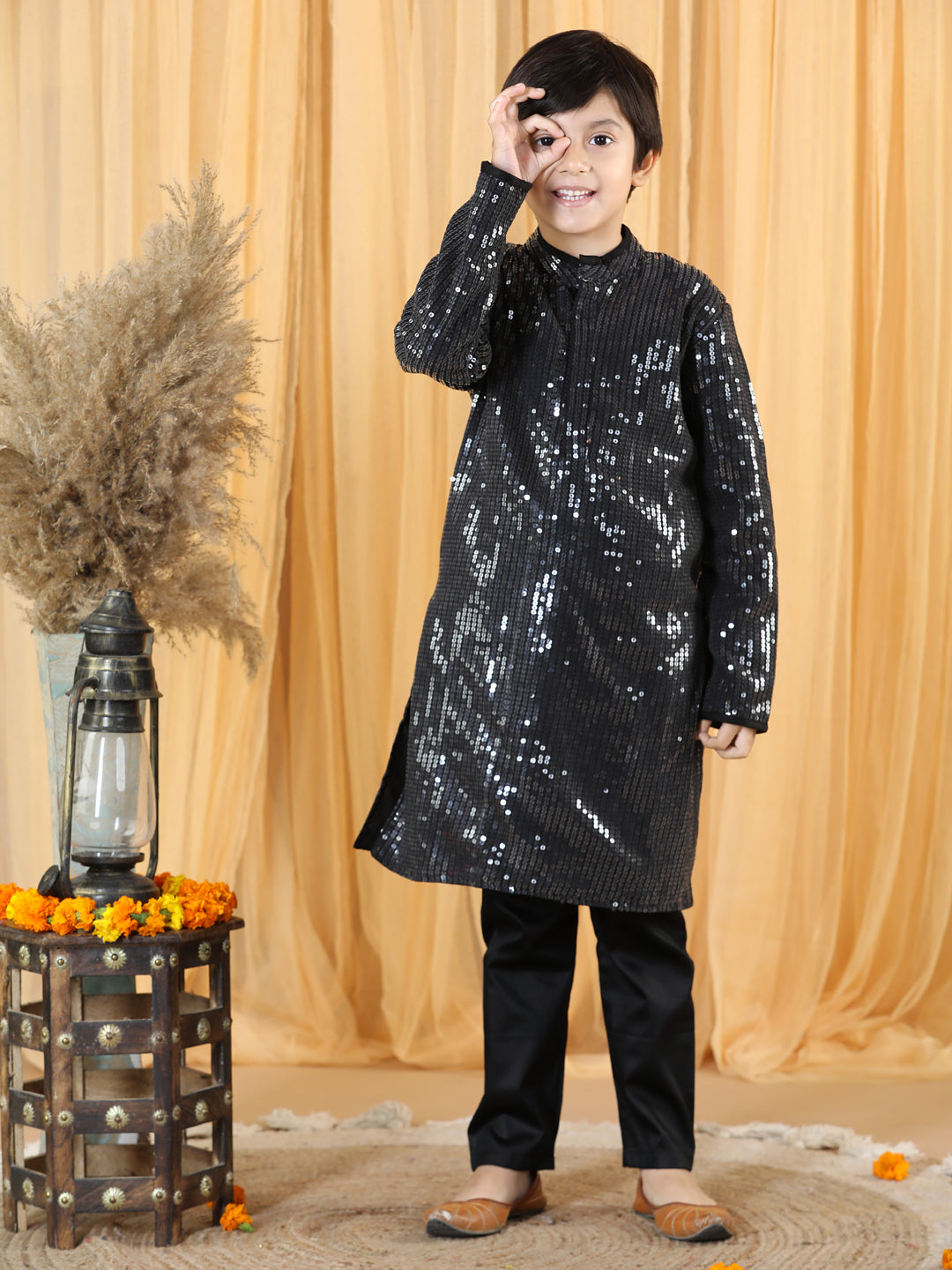 Piccolo Boy's Black Sequence Kurta Pyjama Set