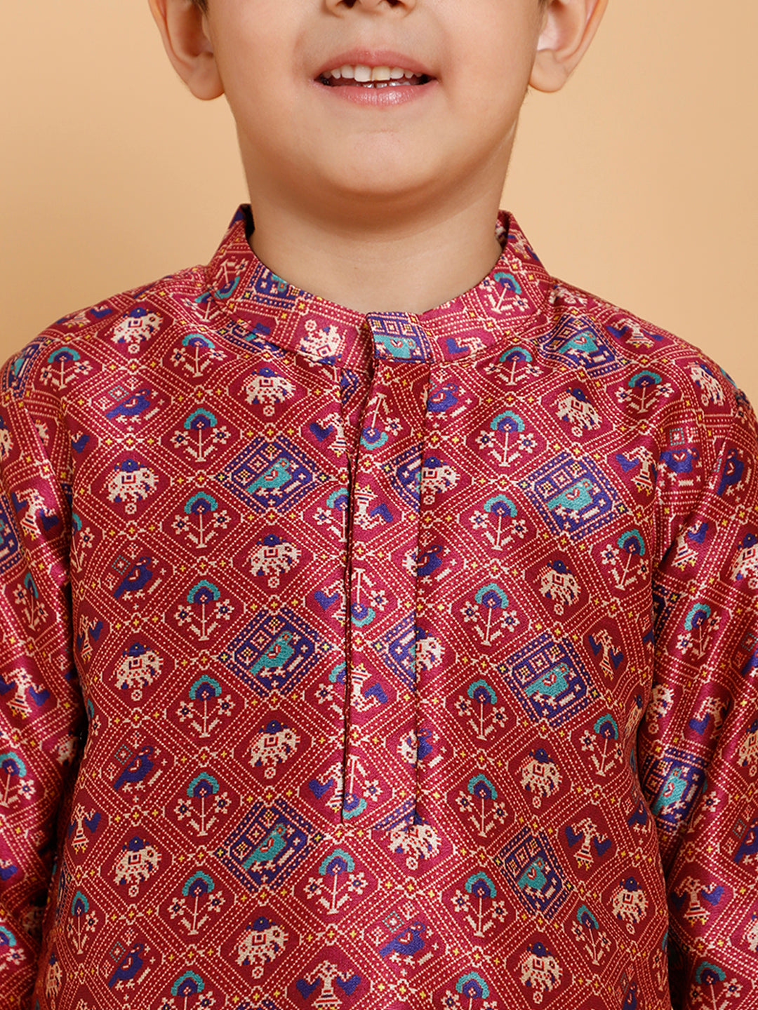 Boys Maroon Piccolo Silk Elephant-Print Kurta Pyjama Set