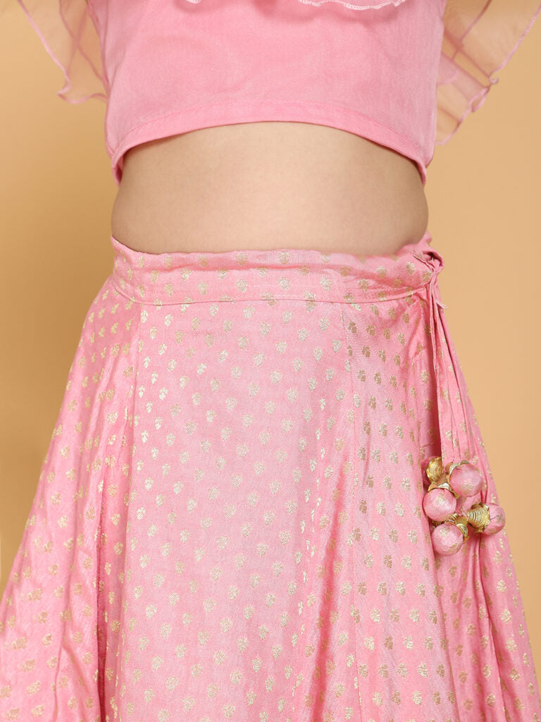 Girls Pink &amp; Gold-Toned Ready to Wear Lehenga &amp; Blouse Set