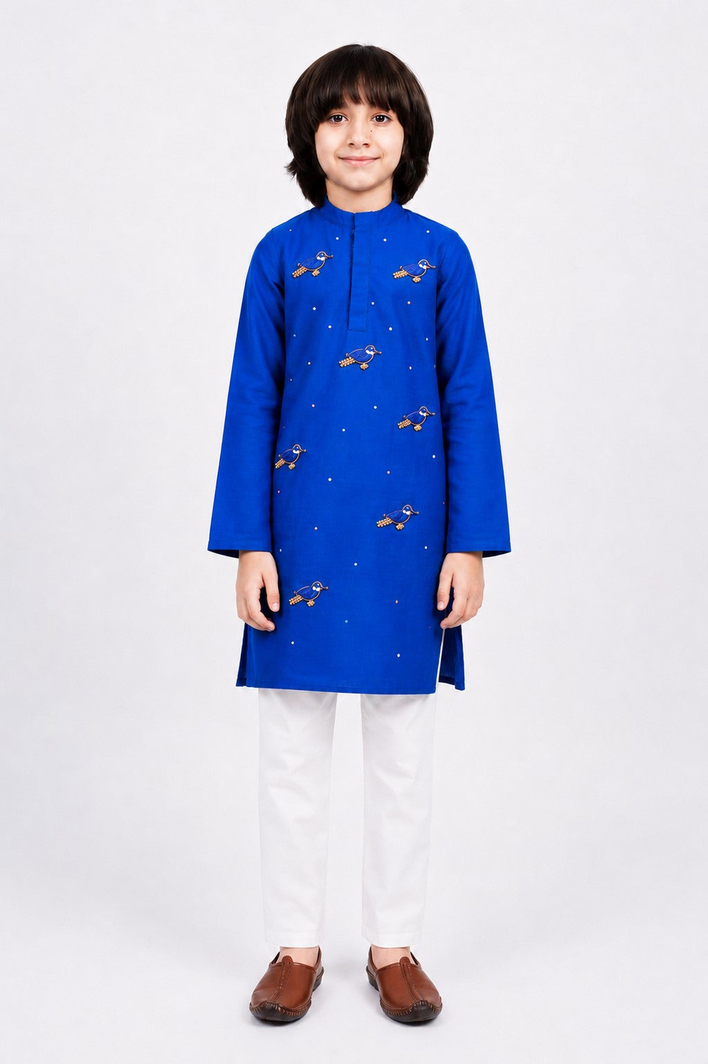 Piccolo Boys Royal Blue Bird Appliqué Kurta and White Payjama Set