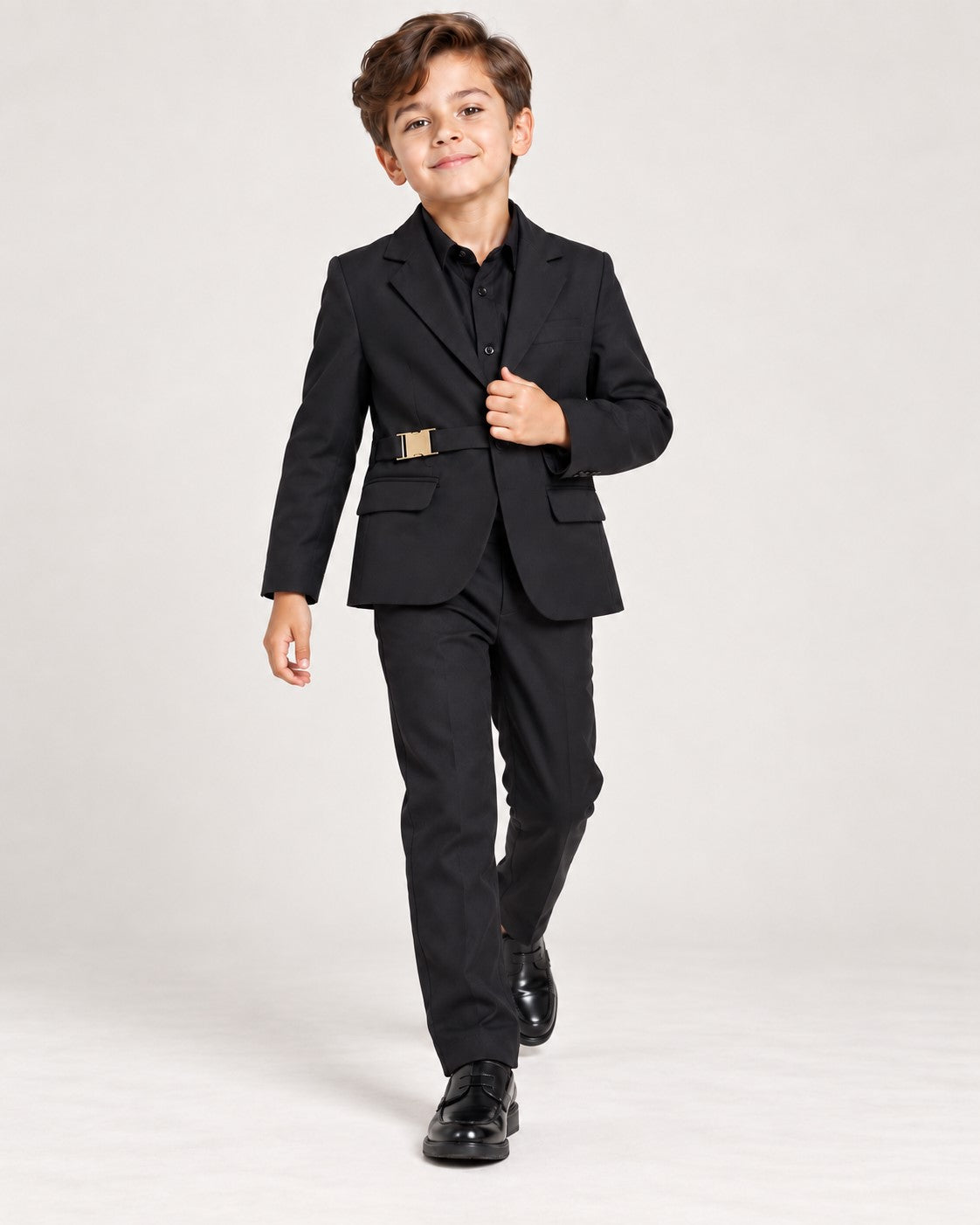 Piccolo-Boys Three-Piece Stylish Solid Party Wear Blazer Suit Set With Belt-Black