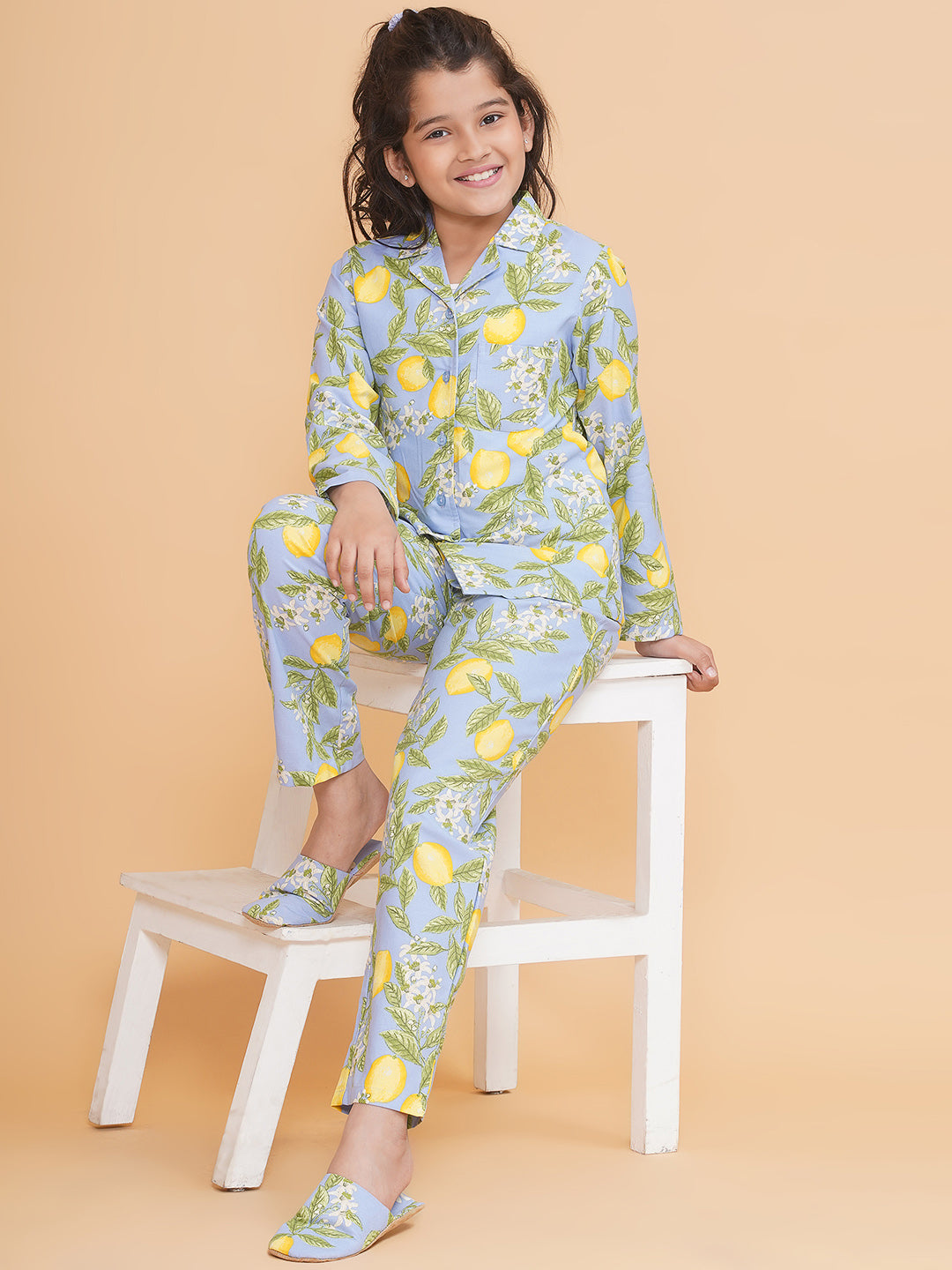 Girls Floral Blue Shirt And Pyjamas With Flip Flops