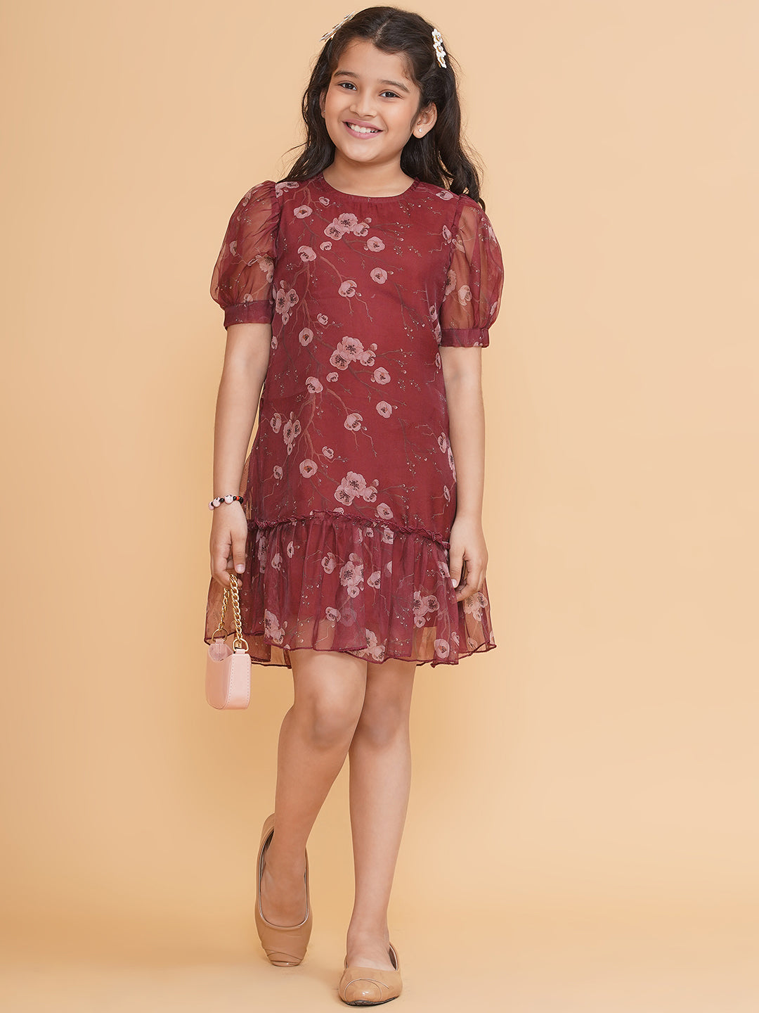 PICCOLO Floral Organza Ruffle Detailed Dress- Maroon