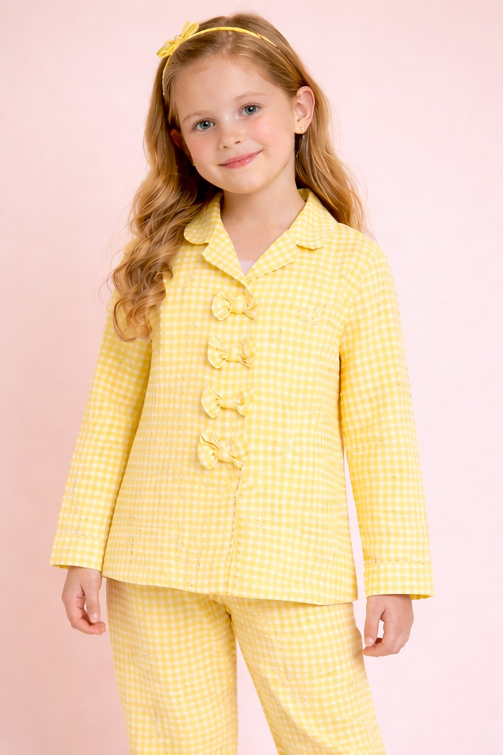 Piccolo Girls Seersucker Checkered Night Suit with Bow Applique-Yellow