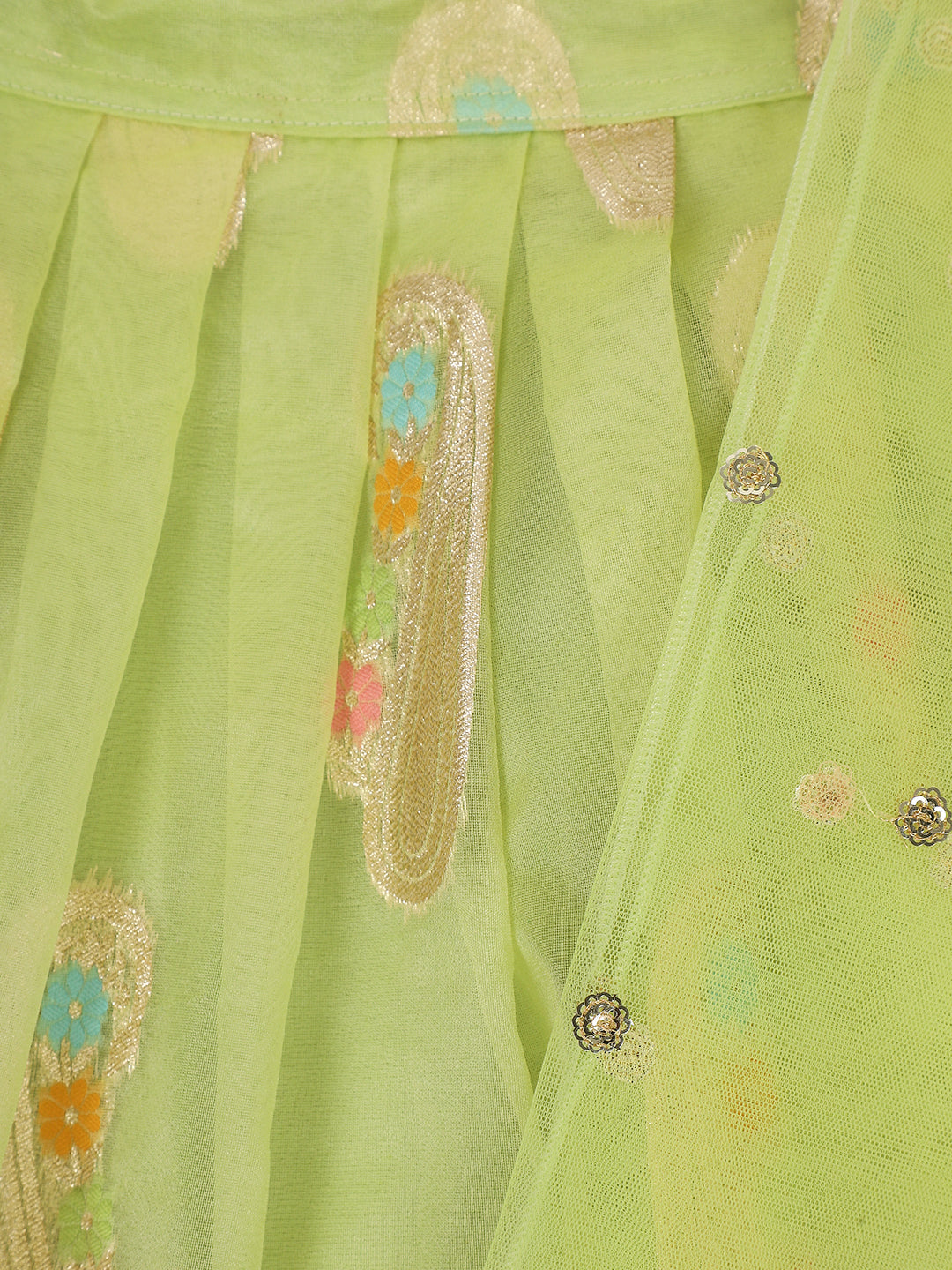 Girls Green &amp; Gold-Toned Ready To Wear Lehenga &amp; Blouse With Dupatta set