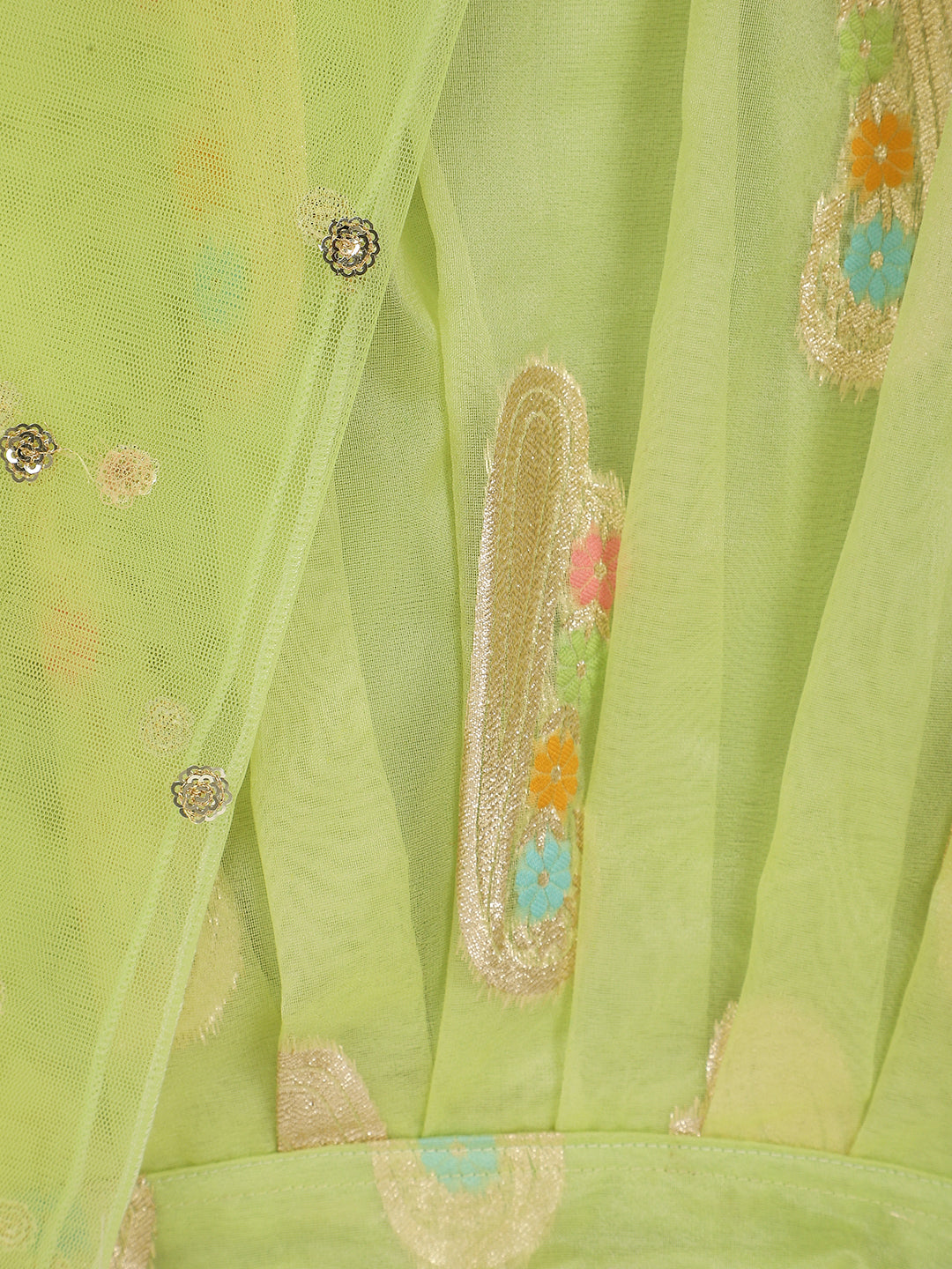 Girls Green &amp; Gold-Toned Ready To Wear Lehenga &amp; Blouse With Dupatta set