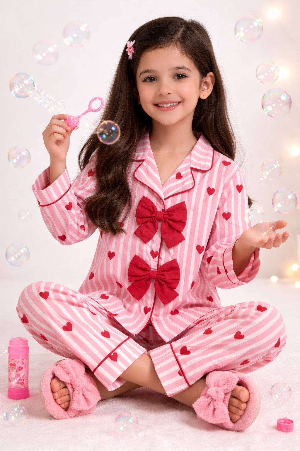Piccolo Girls Pink Stripe Night Suit with Bow Detail-Pink