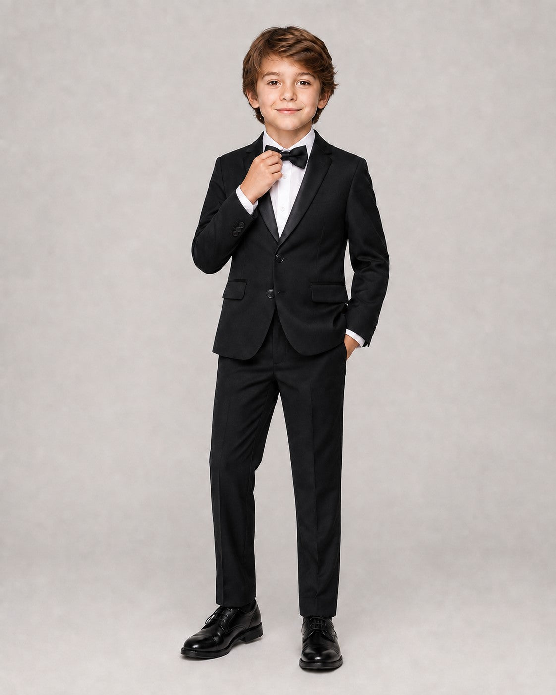 Piccolo-Boys Classic Solid 3 Piece Party Wear Tuxedo Blazer Suit Set with Bow Tie-Black