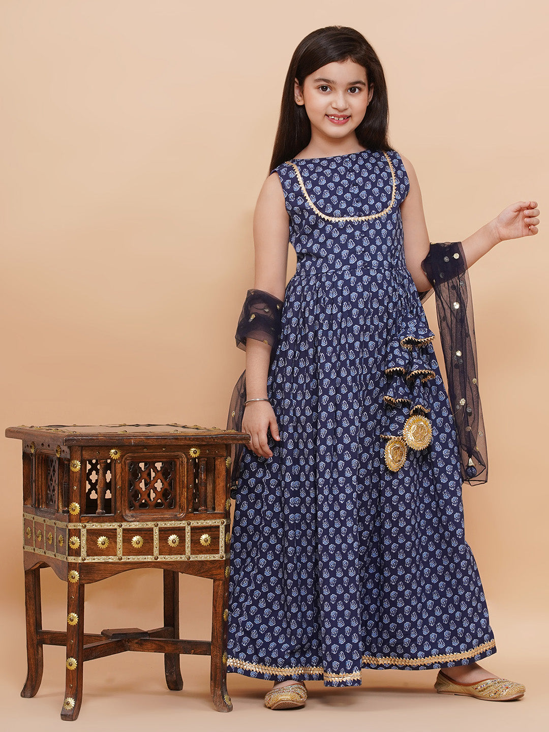 Printed Cotton Long Kurta with and Dupatta Blue