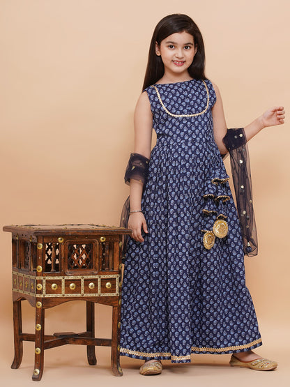 Printed Cotton Long Kurta with and Dupatta Blue