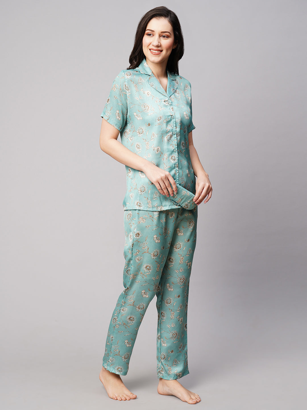 Women 2 Pieces Floral Printed Satin Night suit