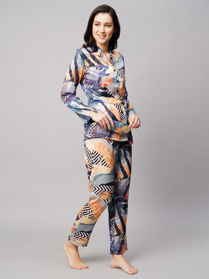 Women 2 Pieces Printed Satin Night suit