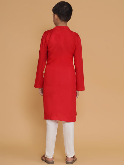 PICCOLO Red Kurta with Pyjama and Bandhani Printed Jacket