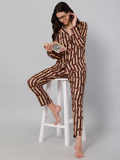 Women Brown &amp; Beige Striped Night suit