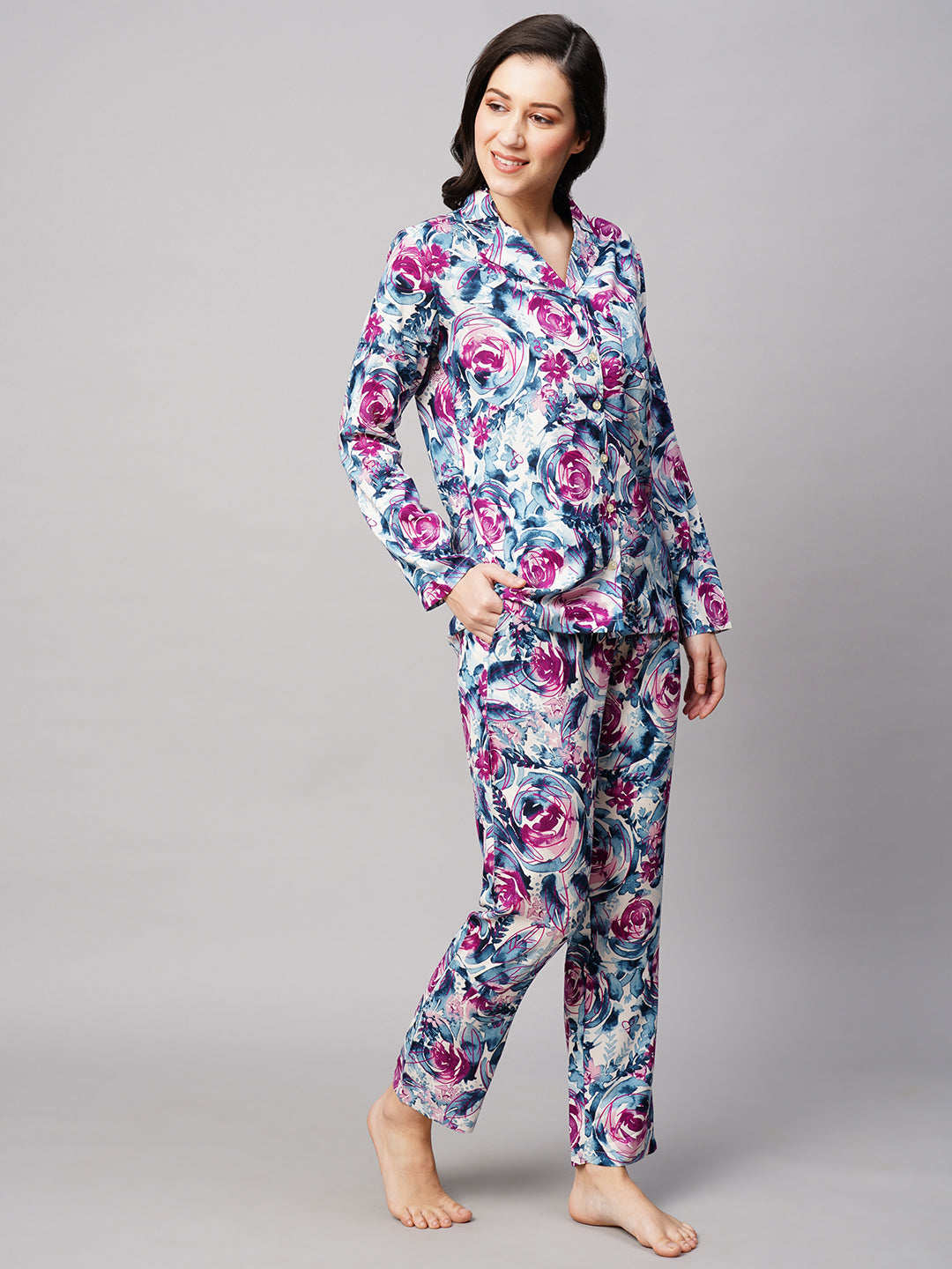 Women Floral Printed Lapel Collar 2 Piece Night suit