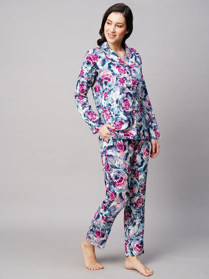 Women Floral Printed Lapel Collar 2 Piece Night suit