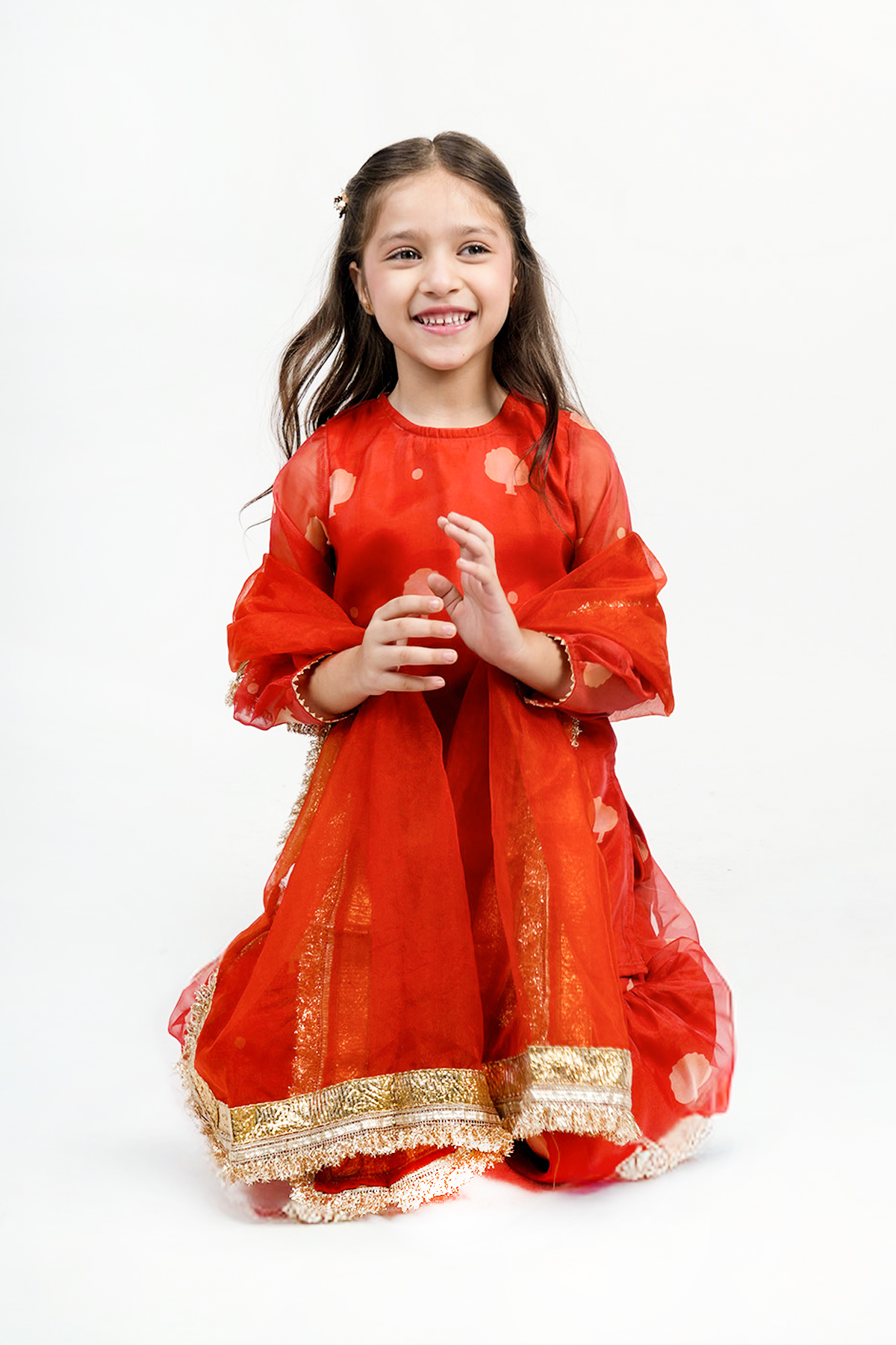 Piccolo Organza Printed Kurta, Sharara & Dupatta Set-Orange