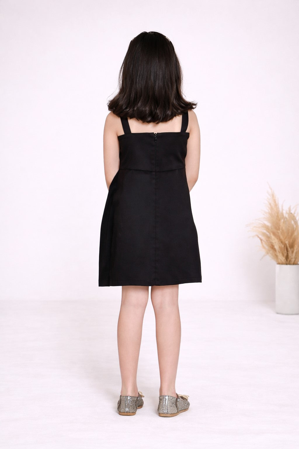 Cross Neck Cotton Mid Thigh Length Dress - Black