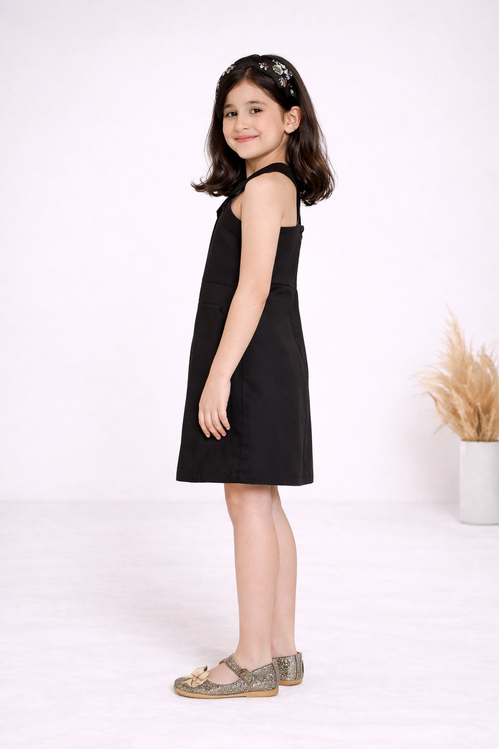 Cross Neck Cotton Mid Thigh Length Dress - Black