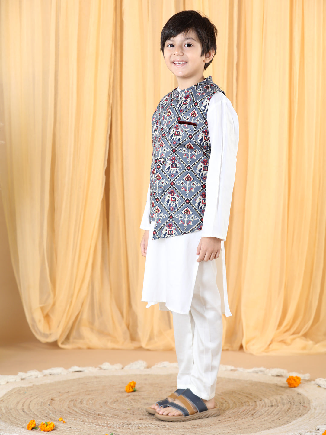 Piccolo Boys Cream Kurta Pyjama And Grey Jacket set