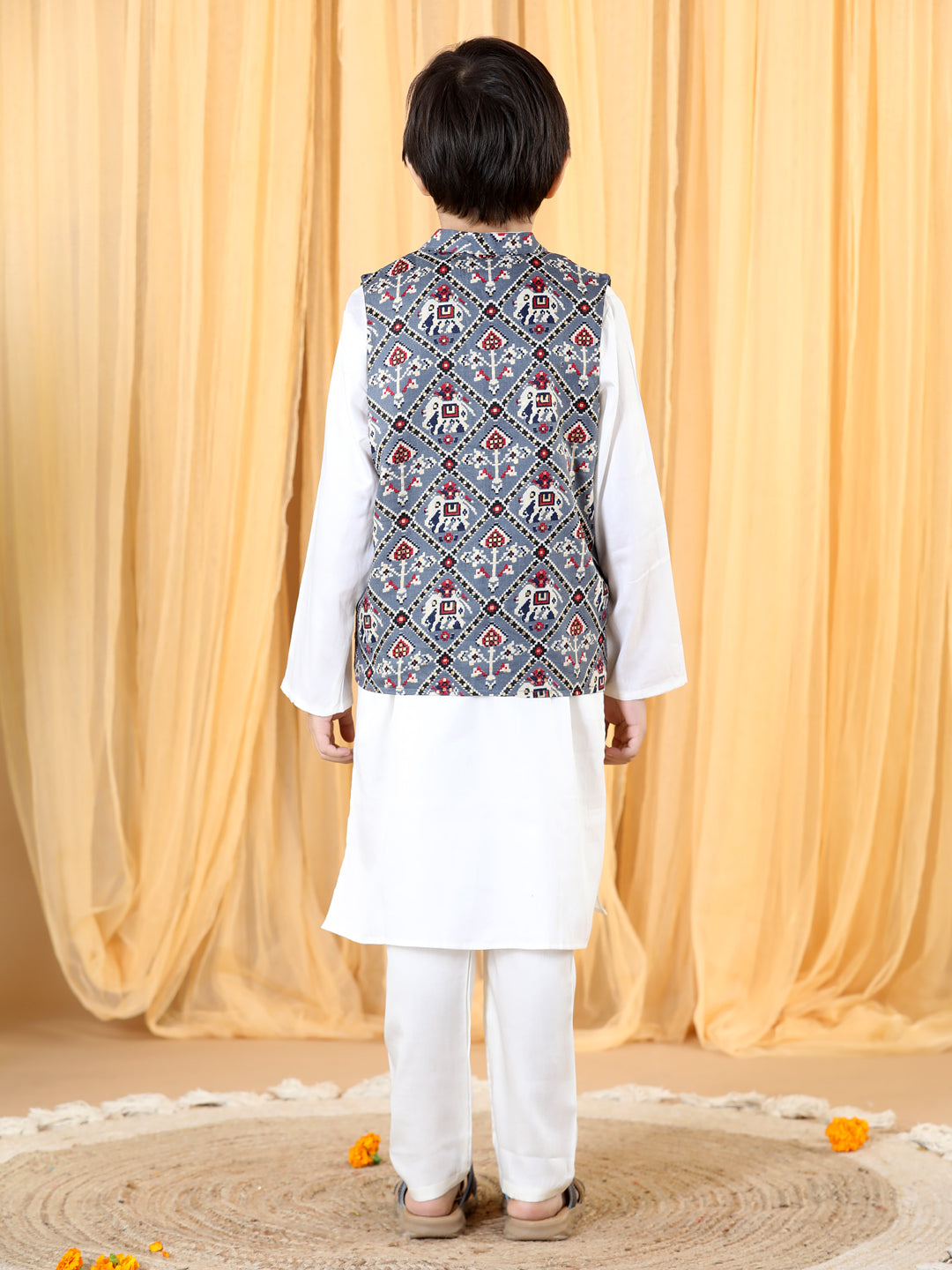 Piccolo Boys Cream Kurta Pyjama And Grey Jacket set