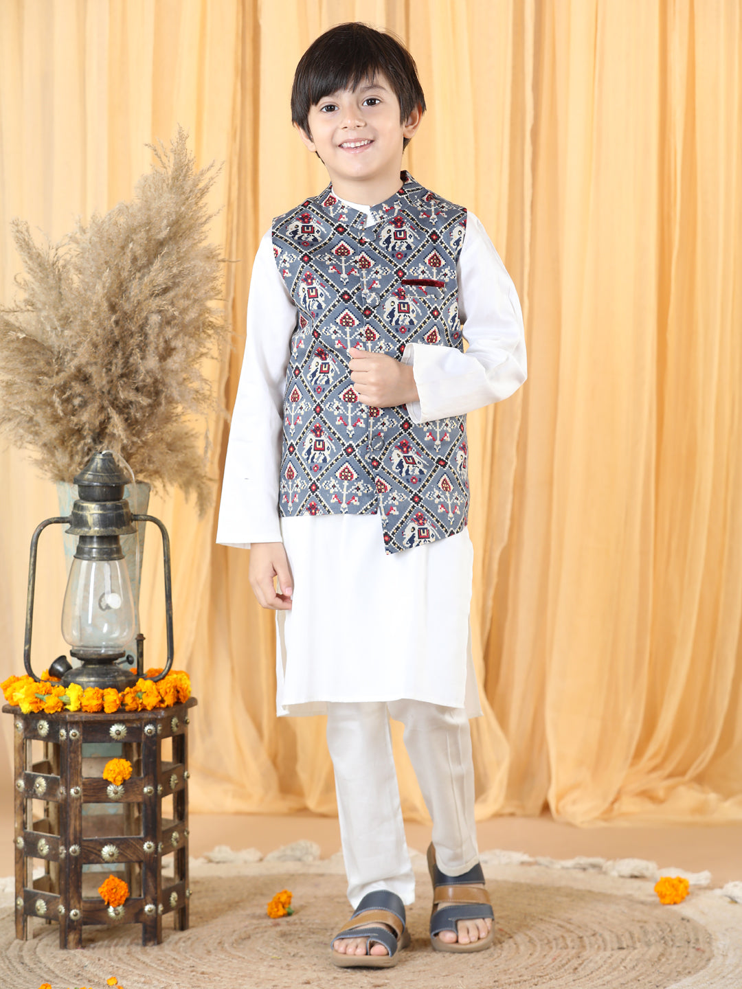 Piccolo Boys Cream Kurta Pyjama And Grey Jacket set