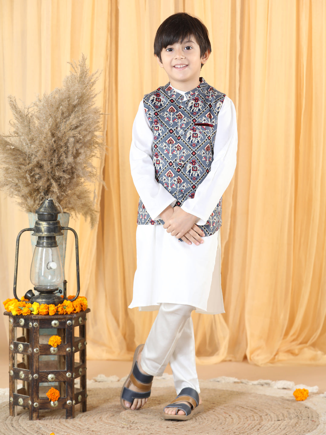 Piccolo Boys Cream Kurta Pyjama And Grey Jacket set