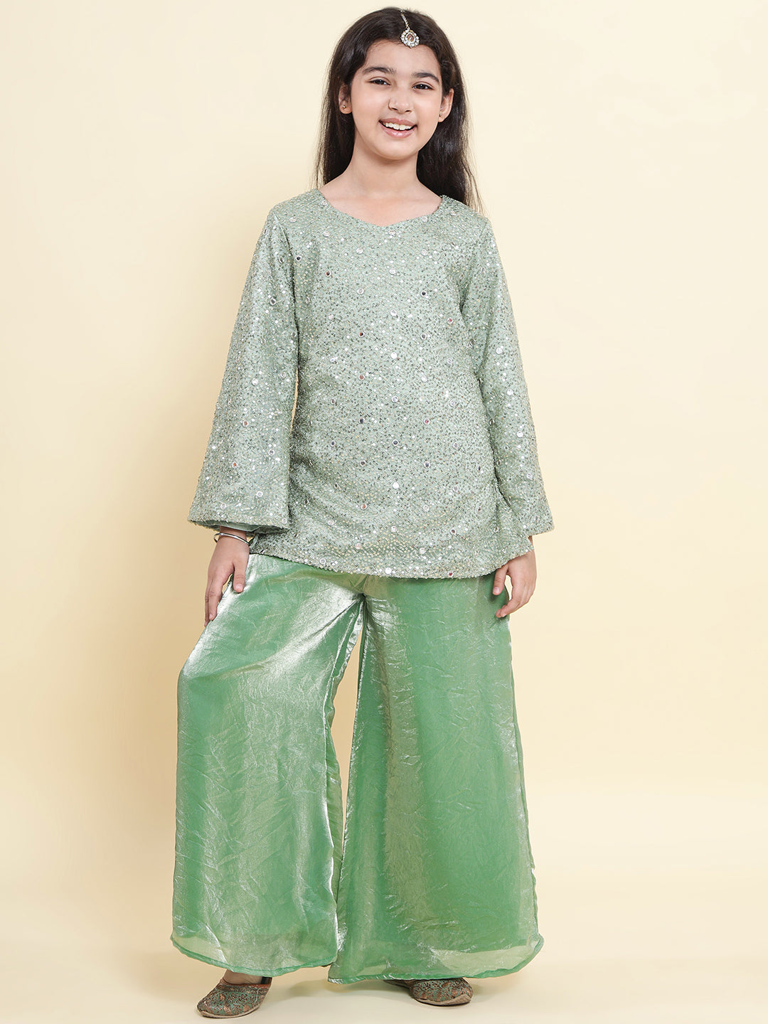 PICCOLO Green Sequined Flared Sleeve Kurti with Palazzo