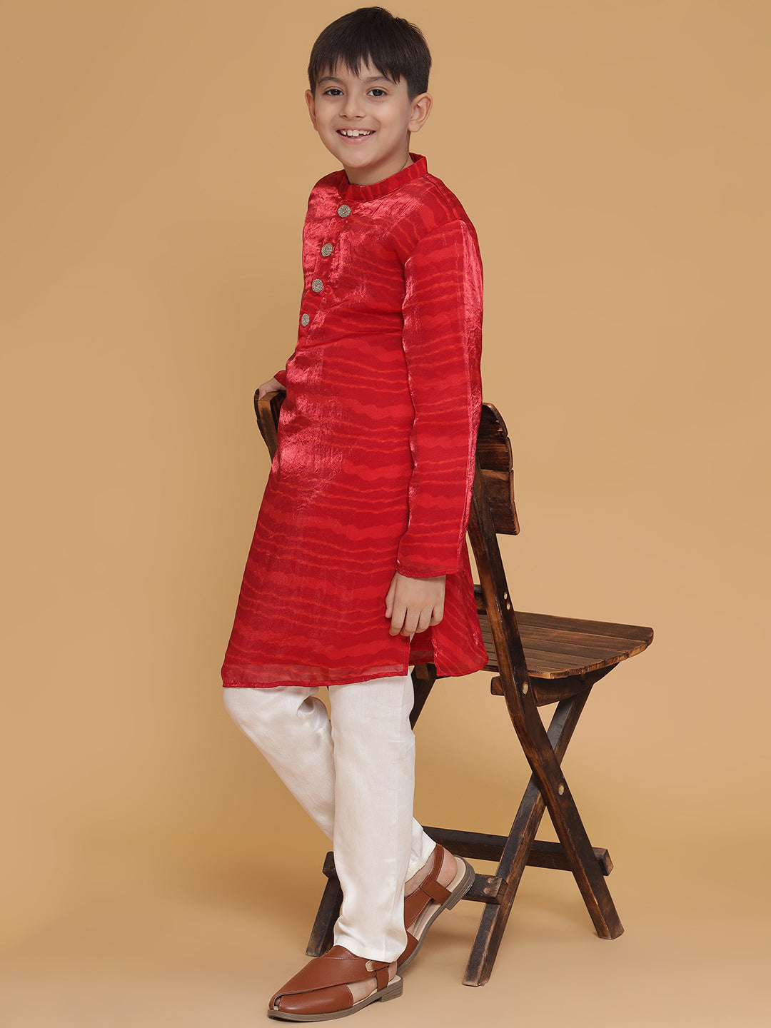 Piccolo- Leheriya Kurta Pyjama Set With Zardosi Buttons-Red