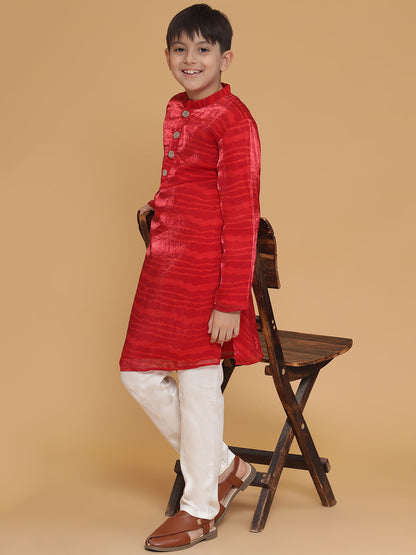 Piccolo- Leheriya Kurta Pyjama Set With Zardosi Buttons-Red