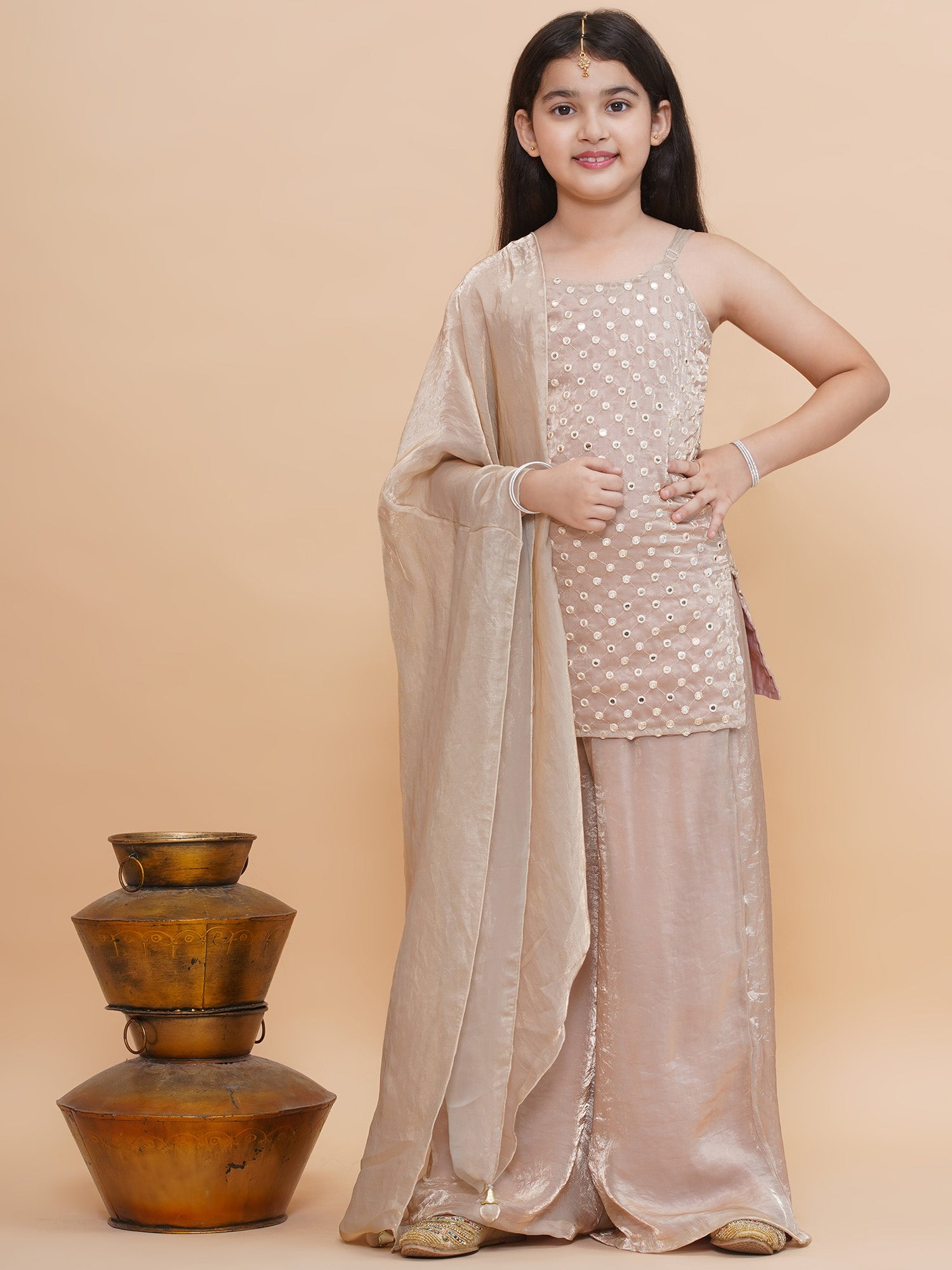 Piccolo Tissue Silk Mirror Work Kurta & Palazzo Set-Beige