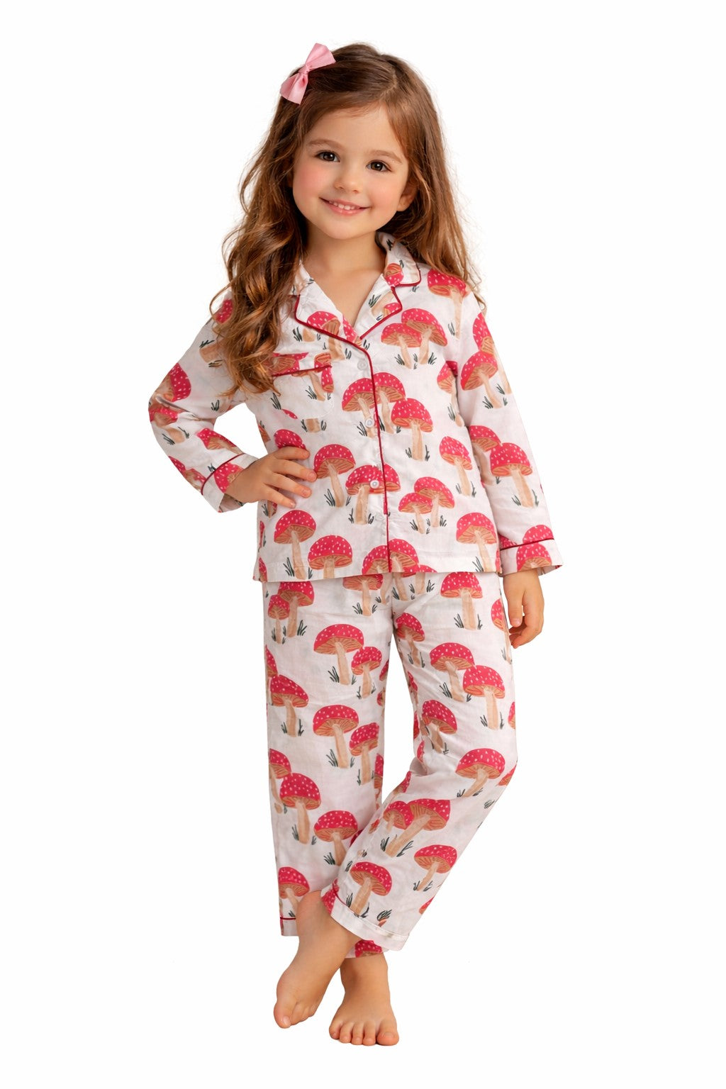 White Mushroom Print Pure Cotton Night Suit Set for Girls (Shirt & Pyjama)
