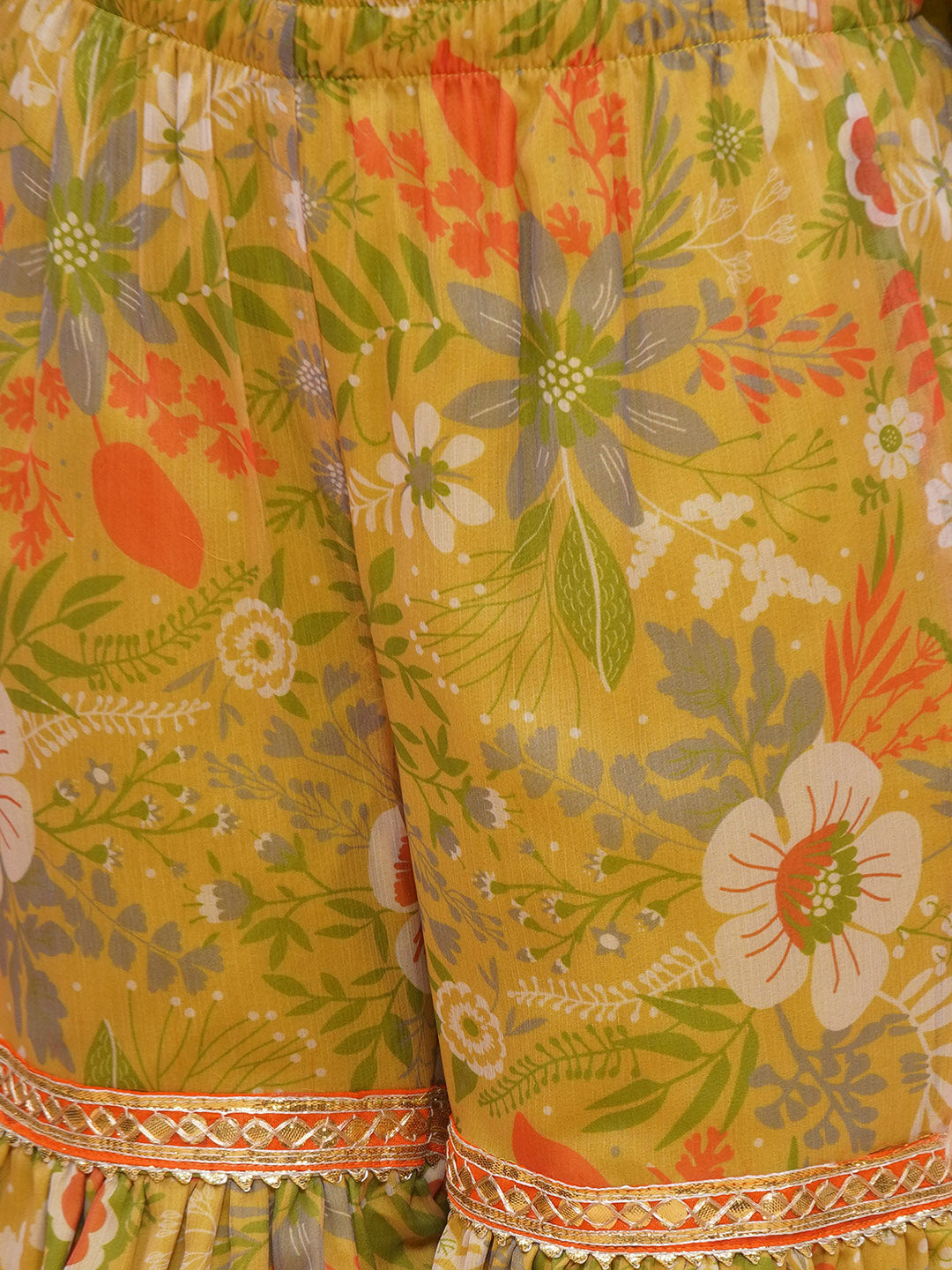 Girls Yellow Floral Motif Chiffon Kurta And Sharara Set With Dupatta