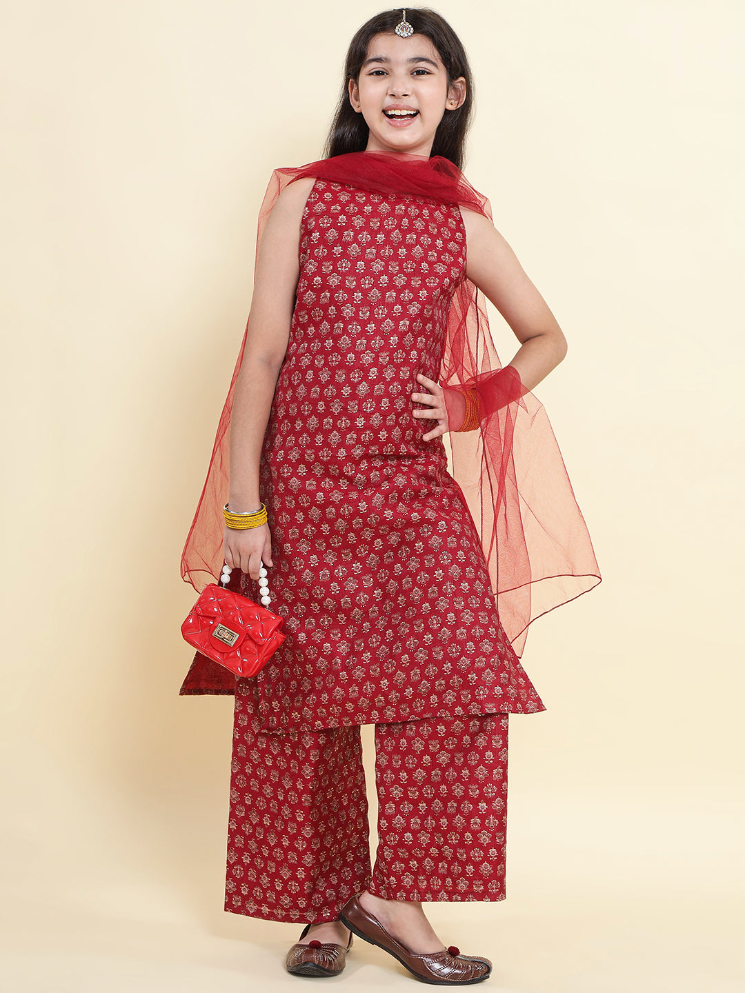 PICCOLO  Printed Kurti & Palazzo with Dupatta-Maroon