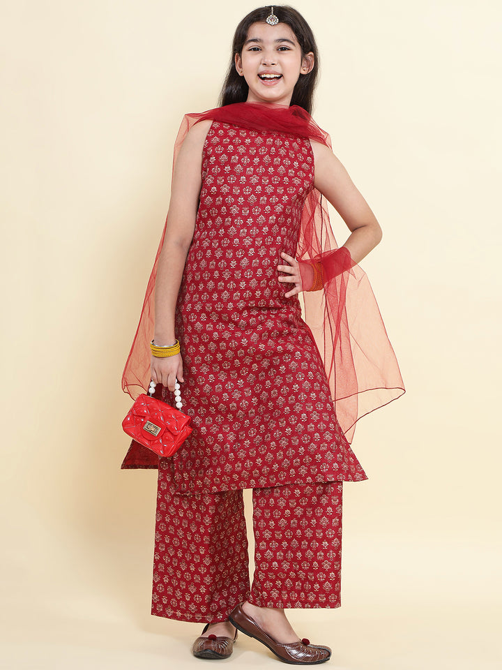PICCOLO  Printed Kurti & Palazzo with Dupatta-Maroon