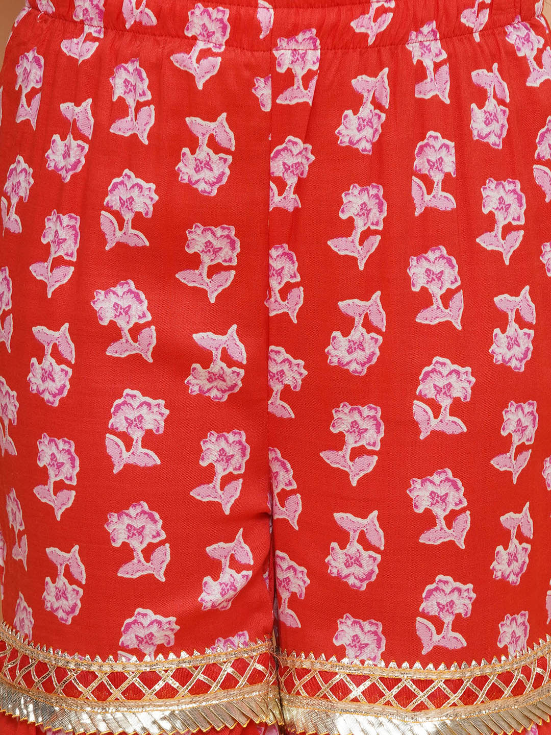 Girls Red Floral Rayon Kurta And Sharara Set With Dupatta