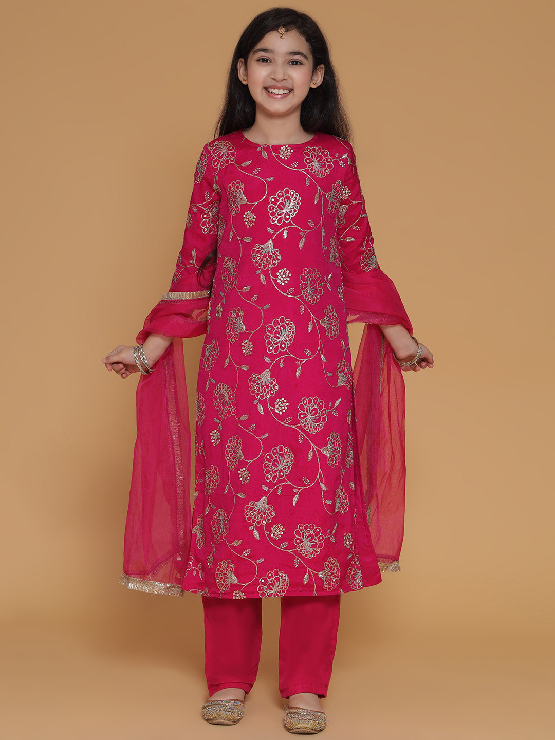 Pink Sequin Embroidered Kurta Pant with Organza Dupatta