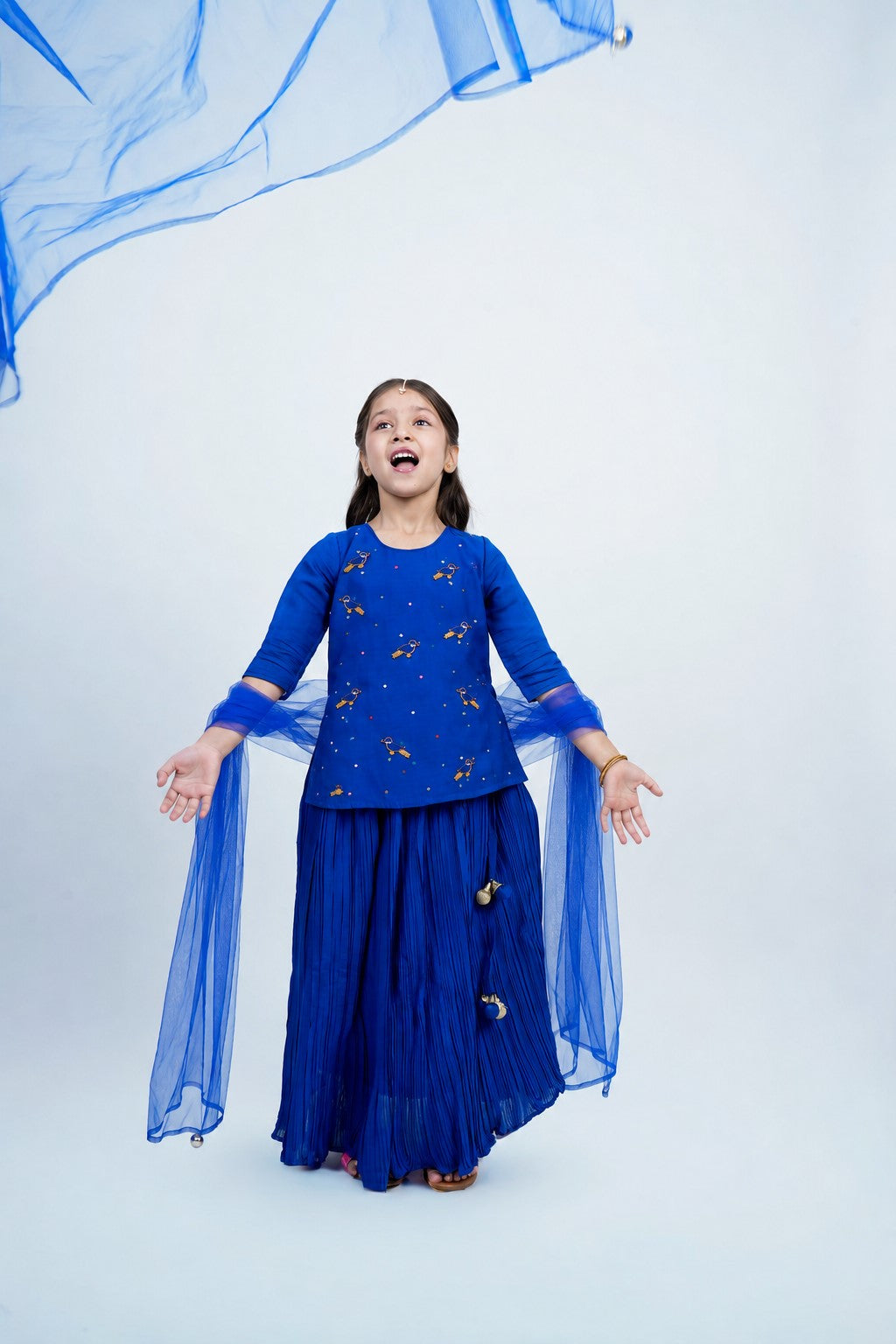 Piccolo Embellished Top, Pleated Lehenga & Net Dupatta Set-Royal Blue
